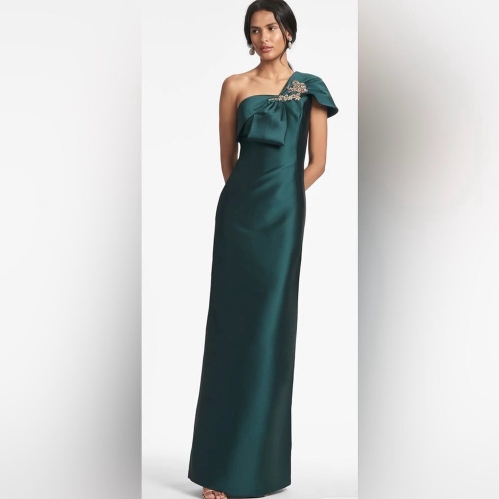 Sachin + Babi One-Shoulder Emerald Satin Dress with Embellished Floral Detail